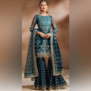 Gharara Set Teal Embroidered